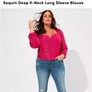 Torrid Pink Sequin V-Neck Long Sleeve Blouse
